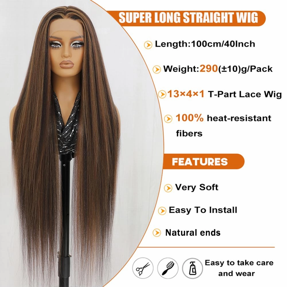 Felek Super Long Highlight T Part Lace Wigs Synthetic 40 Inch Straight 13x4x1 T Lace Front Wigs Heat Resistant Fiber Glueless Pre-Plucked Natural Hairline Lace Wig For Fashion Women/Girls(P4/27/33)