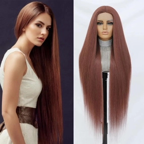 Felek Super Long Straight Middle Part Lace Wigs 40 Inch Chocolate Brown 13x4x1 T Lace Front Wig Heat Resistant Fiber Glueless Pre-Plucked Natural Hairline Lace Wig For Women/Girls(COPPER Brown)