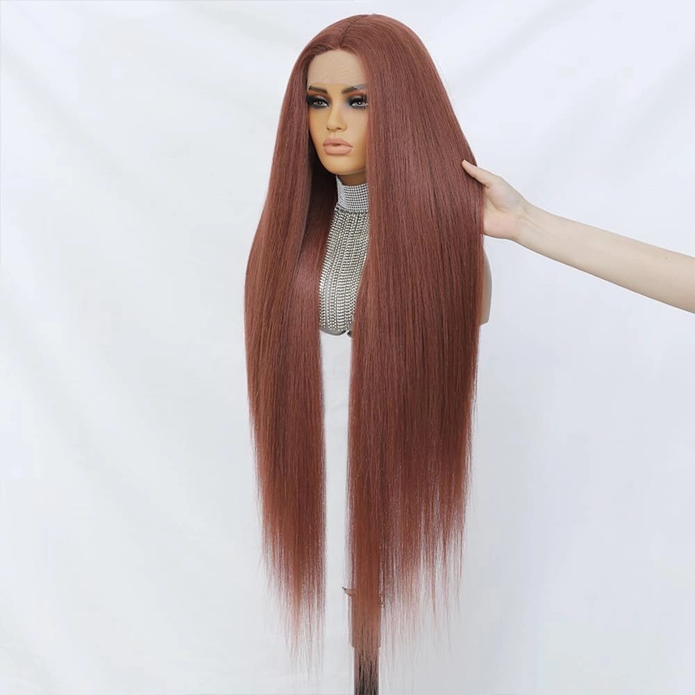 Felek Super Long Straight Middle Part Lace Wigs 40 Inch Chocolate Brown 13x4x1 T Lace Front Wig Heat Resistant Fiber Glueless Pre-Plucked Natural Hairline Lace Wig For Women/Girls(COPPER Brown)
