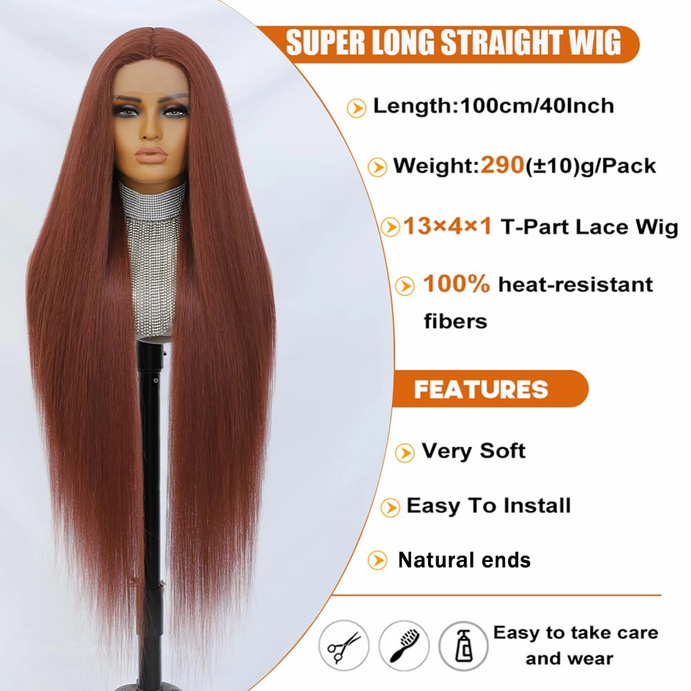 Felek Super Long Straight Middle Part Lace Wigs 40 Inch Chocolate Brown 13x4x1 T Lace Front Wig Heat Resistant Fiber Glueless Pre-Plucked Natural Hairline Lace Wig For Women/Girls(COPPER Brown)