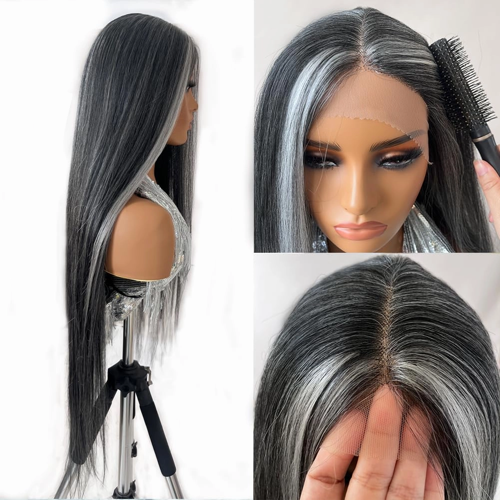 Felek Super Long T Part Lace Wig Mixed Black Grey 40 Inch Straight 13x4x1 T Lace Front Wig Heat Resistant Fiber Glueless Pre-Plucked Natural Hairline Lace Wig For Women/Girls(FHPEARL/GREY)