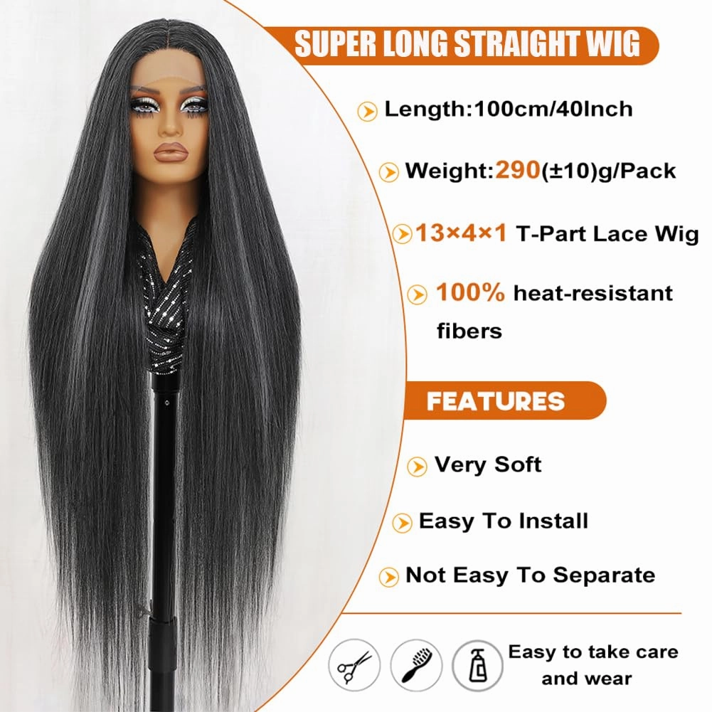 Felek Super Long T Part Lace Wig Mixed Black Grey 40 Inch Straight 13x4x1 T Lace Front Wig Heat Resistant Fiber Glueless Pre-Plucked Natural Hairline Lace Wig For Women/Girls(FHPEARL/GREY)