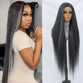 Felek Super Long T Part Lace Wig Mixed Black Grey 40 Inch Straight 13x4x1 T Lace Front Wig Heat Resistant Fiber Glueless Pre-Plucked Natural Hairline Lace Wig For Women/Girls(FHPEARL/GREY)