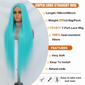 Felek Super Long T Part Lace Wigs 40 Inch Blue Teal Long Hair 13x4x1 T Lace Front Wigs Heat Resistant Fiber Glueless Pre-Plucked Natural Hairline Lace Wig For Fashion Women/Girls(BLUETEAL)