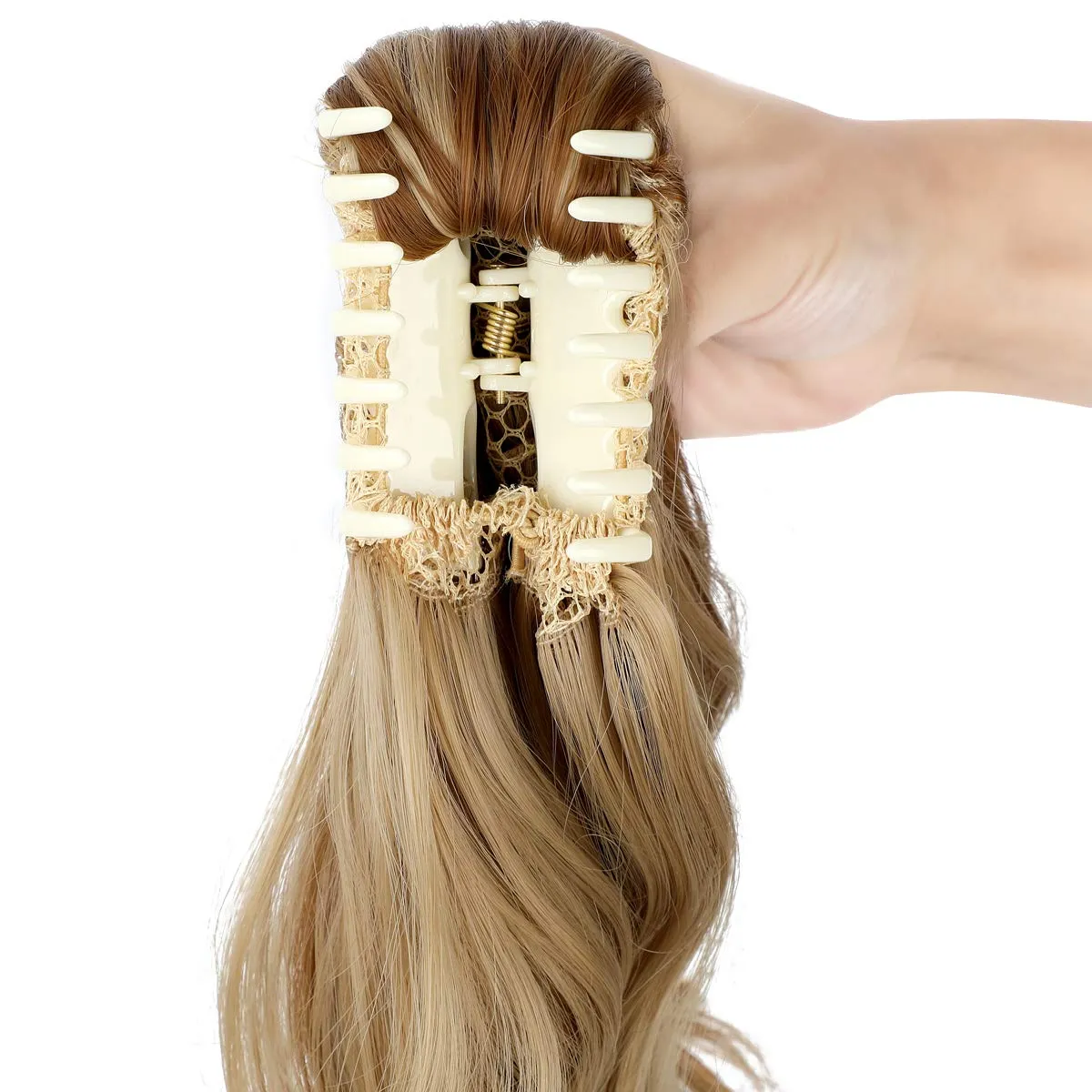 FELENDY Ponytail Extension Claw 18" 20" Curly Wavy Straight Clip in Hairpiece One Piece A Jaw Long Pony Tails for Women Ash Blonde Mix Ginger Brown