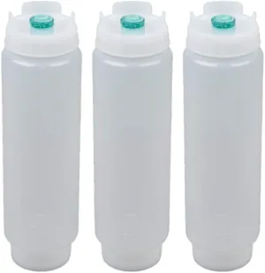 FIFO Squeeze Bottle Refillable 16 oz | Green Tip Small Valve Dispenser for Thin Condiments, Sauces, Batter and Dressing | Self Sealing No Drip No Hassle | (3 Pack)