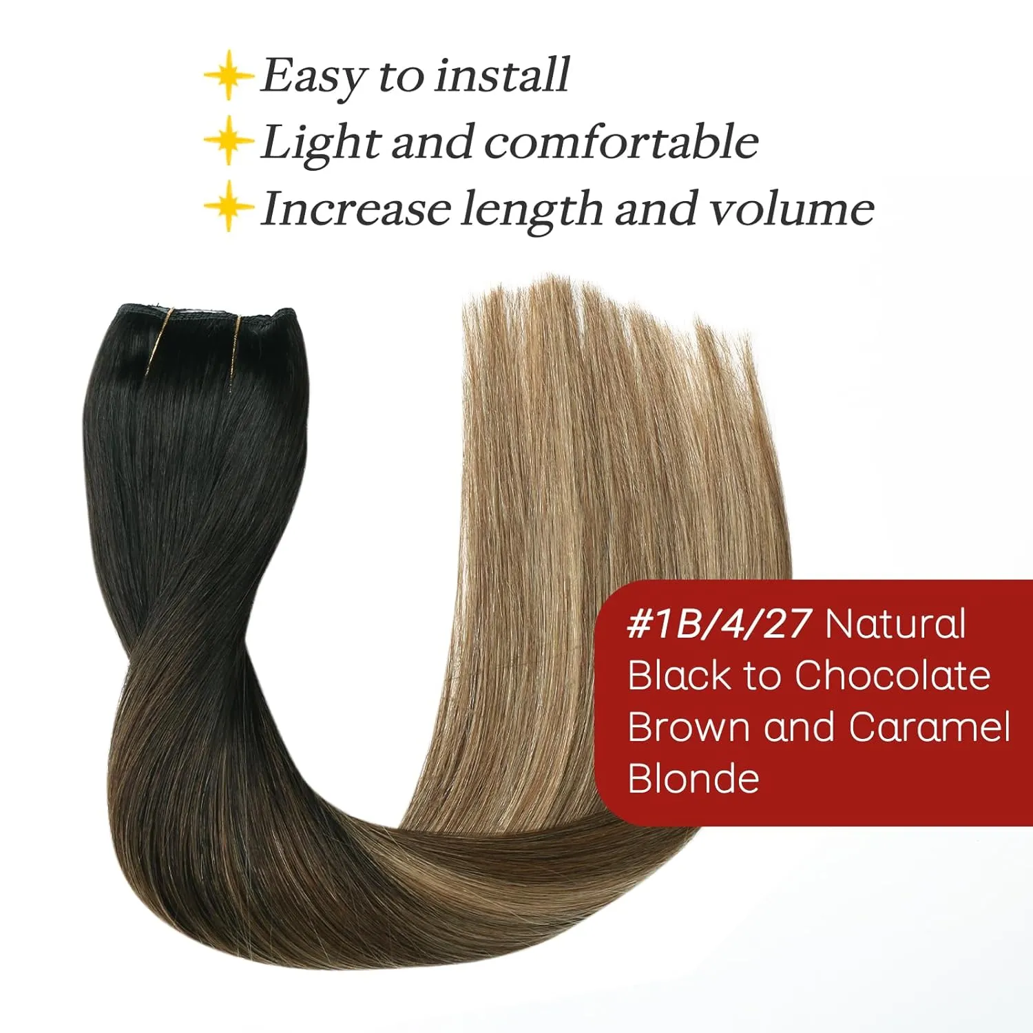 Fish Line Hair Extensions Natural Black to Chocolate Brown and Caramel Blonde Extensions Invisible Wire Hair Real Human Hair Straight 14inch 70g Hair Extensions(#1B/4/27-14inch)