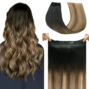 Fish Line Hair Extensions Natural Black to Chocolate Brown and Caramel Blonde Extensions Invisible Wire Hair Real Human Hair Straight 14inch 70g Hair Extensions(#1B/4/27-14inch)
