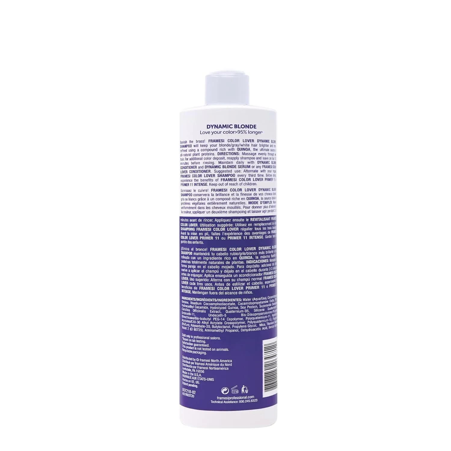 FRAMESI Color Lover Dynamic Blonde Purple Shampoo, Sulfate Free Shampoo, Color Treated Hair