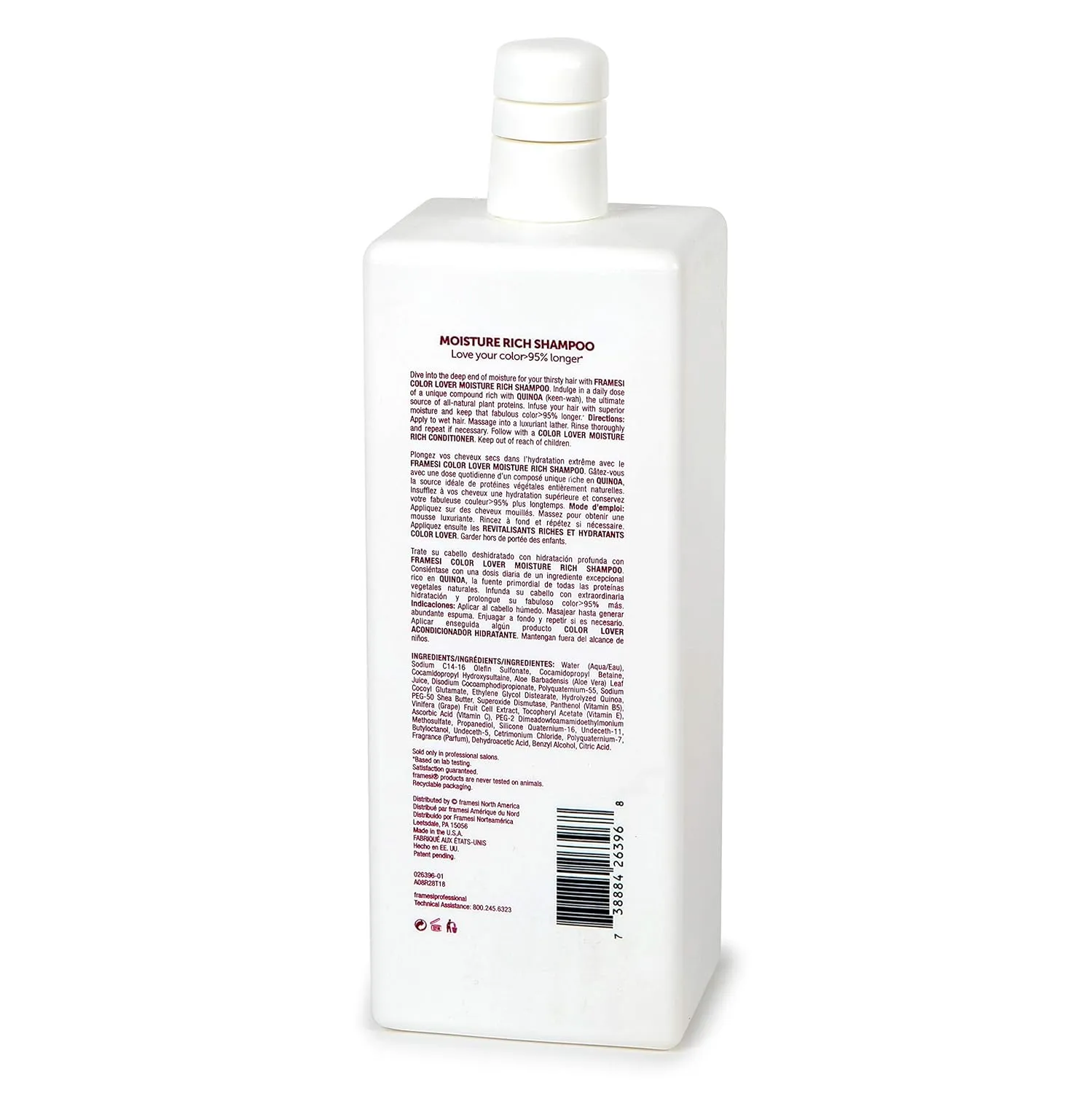 Framesi Color Lover Moisture Rich Shampoo, Sulfate Free Shampoo with Quinoa and Aloe Vera, Color Treated Hair