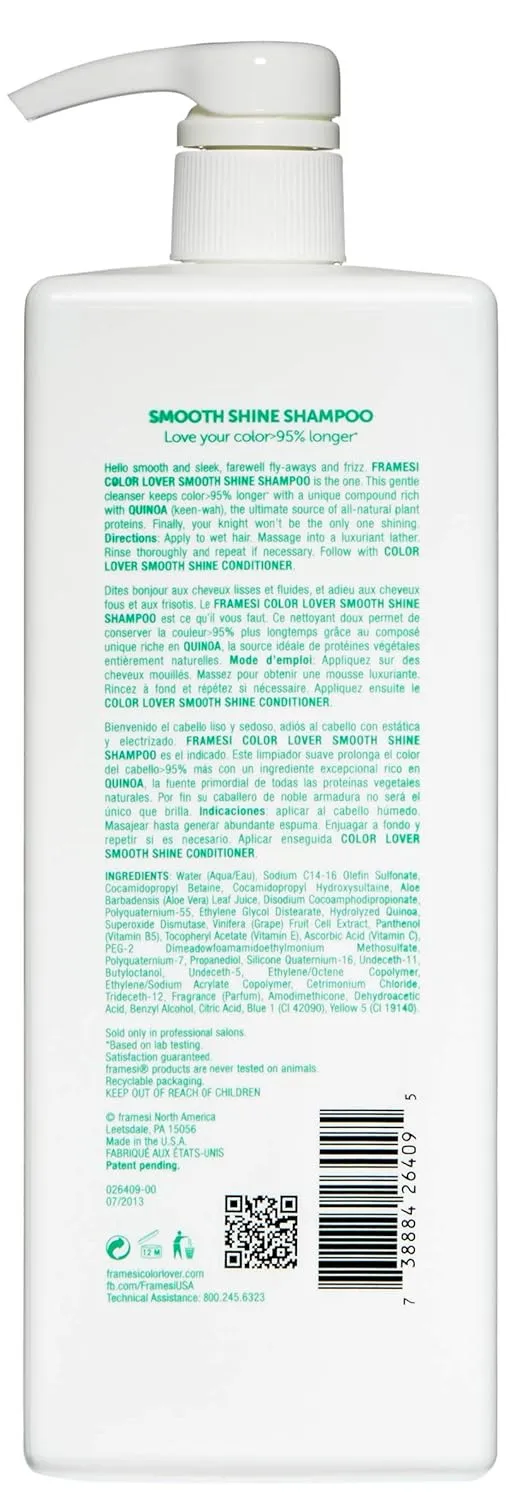 Framesi Color Lover Smooth Shine Shampoo, Sulfate Free Shampoo with Quinoa and Aloe Vera, Color Treated Hair