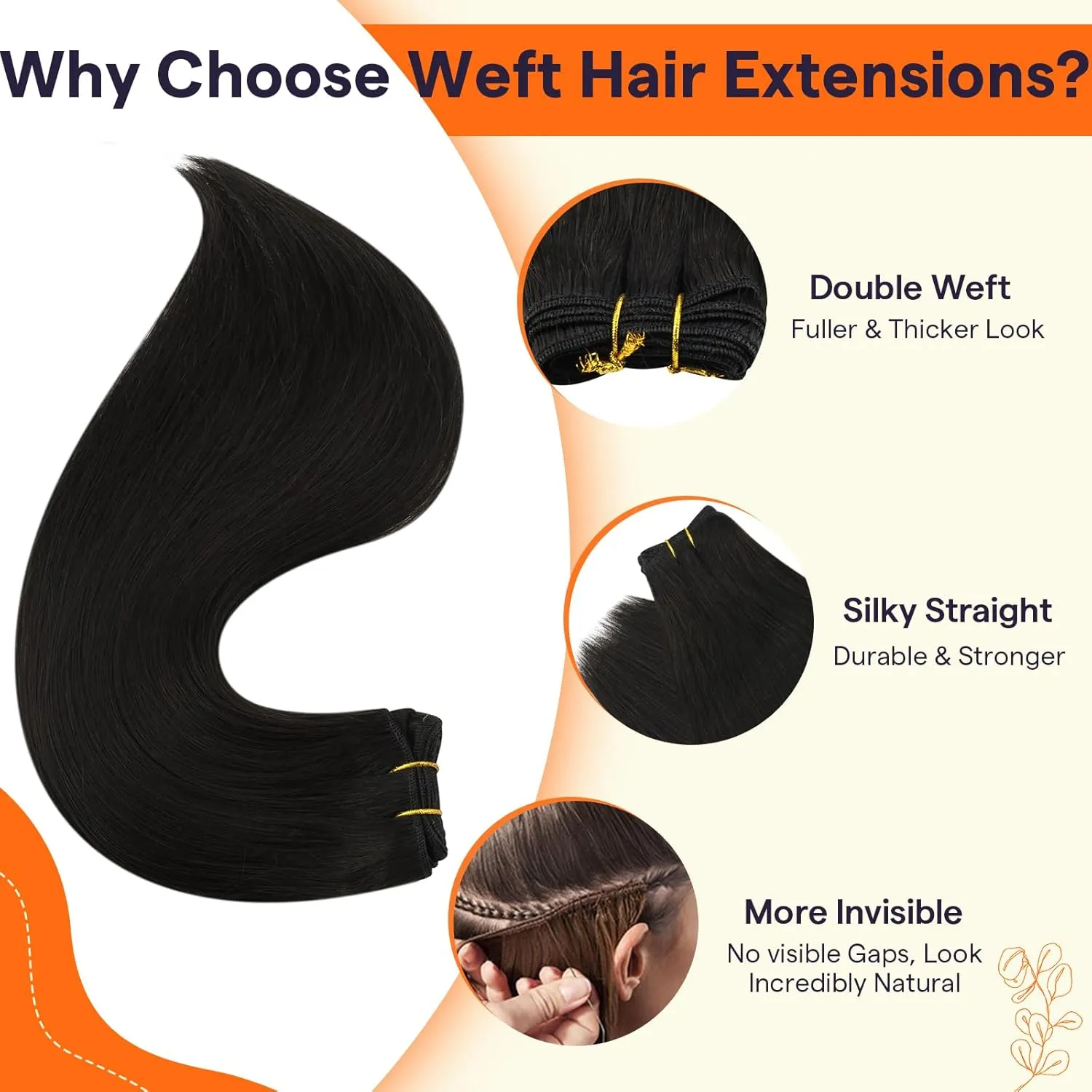 Full Shine Sew In Hair Extensions Real Human Hair Natural Black Sew In Extensions Long Straight Color Off Black Double Weft Extensions Remy Human Hair Bundles 22 Inch Human Hair Sew In 105G