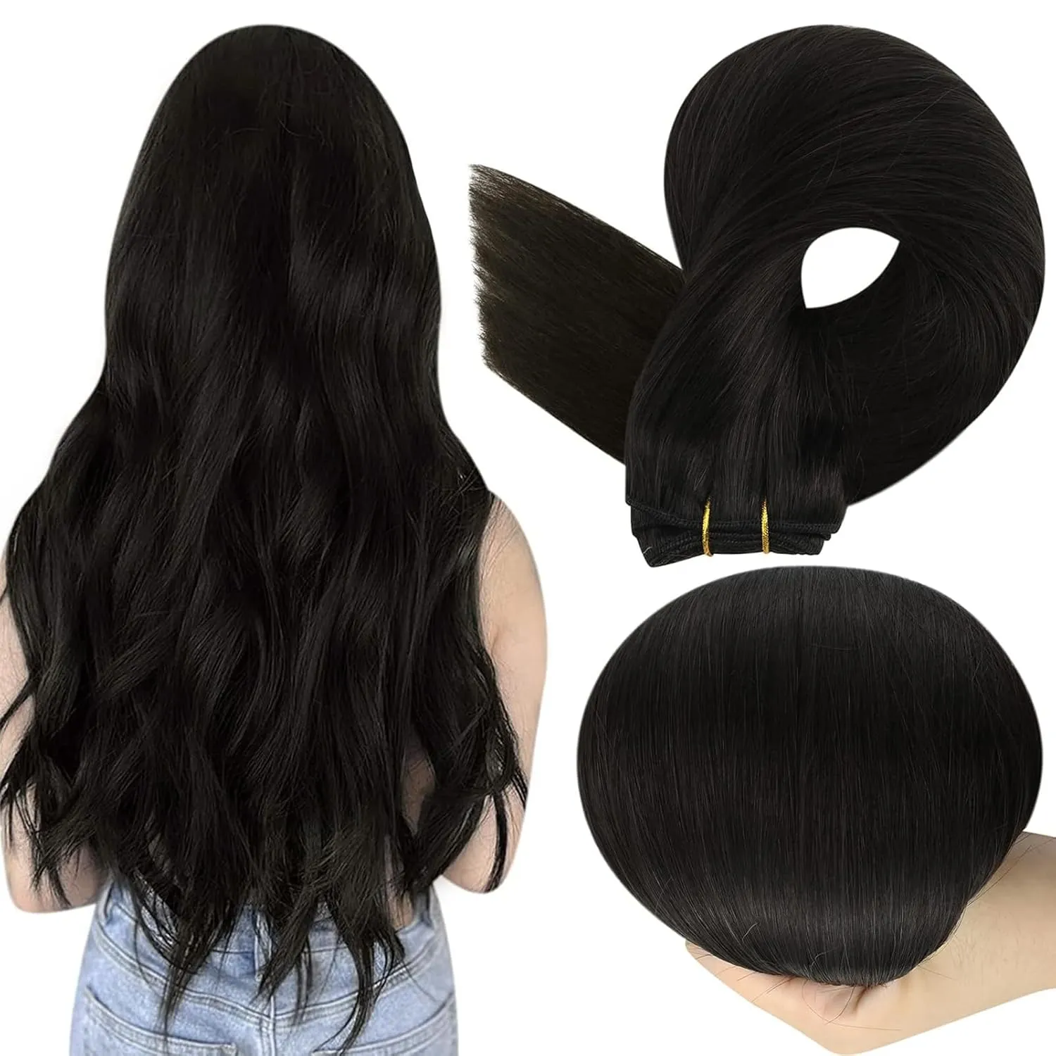 Full Shine Sew In Hair Extensions Real Human Hair Natural Black Sew In Extensions Long Straight Color Off Black Double Weft Extensions Remy Human Hair Bundles 22 Inch Human Hair Sew In 105G