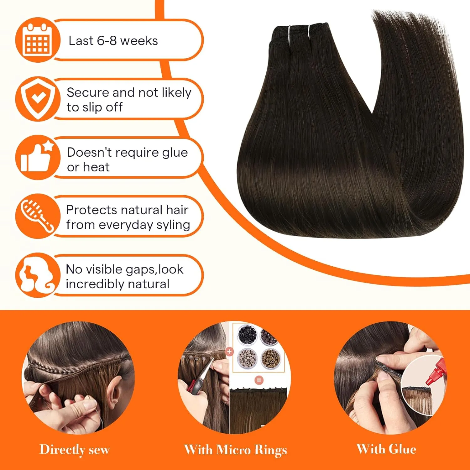 Full Shine Straight Remy Hair Weft Extensions Sew In Weft Hair Extensions Full Head Double Weft Hair Color 2 Darkest Brown Weft Human Hair Bundles 105 Grams 18 Inch Sew In Extensions Soft Hair