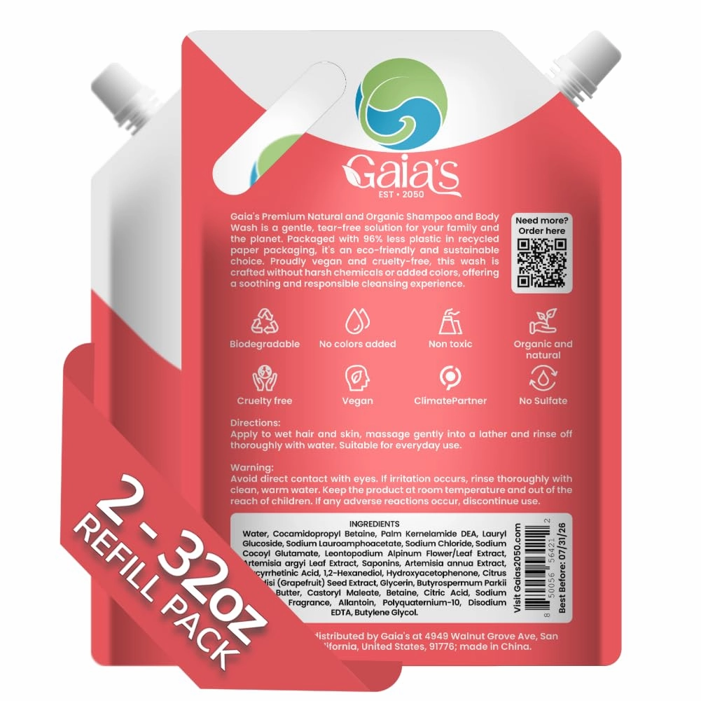 GAIA'S Natural Body Wash and Shampoo Grapefruit, Bulk Refill Size, 64 Fl Oz, Sulfate Free, Paraben Free, Dye Free, Tear Free, Organic and Natural Ingredients, PH Balance Feminine