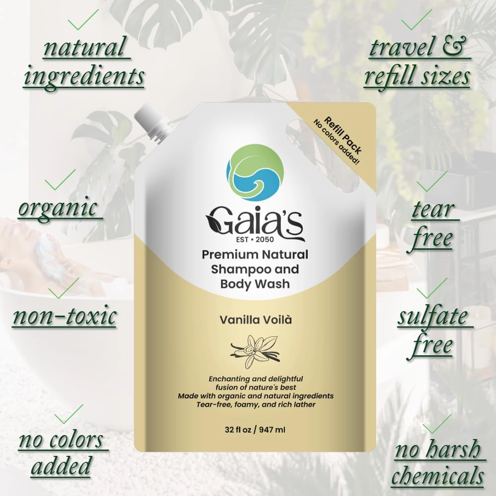GAIA'S Natural Body Wash and Shampoo Vanilla, Bulk Refill Size, 64 Fl Oz, Sulfate Free, Paraben Free, Dye Free, Tear Free, Organic and Natural Ingredients, PH Balance Feminine