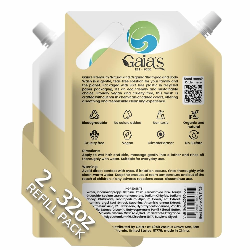 GAIA'S Natural Body Wash and Shampoo Vanilla, Bulk Refill Size, 64 Fl Oz, Sulfate Free, Paraben Free, Dye Free, Tear Free, Organic and Natural Ingredients, PH Balance Feminine