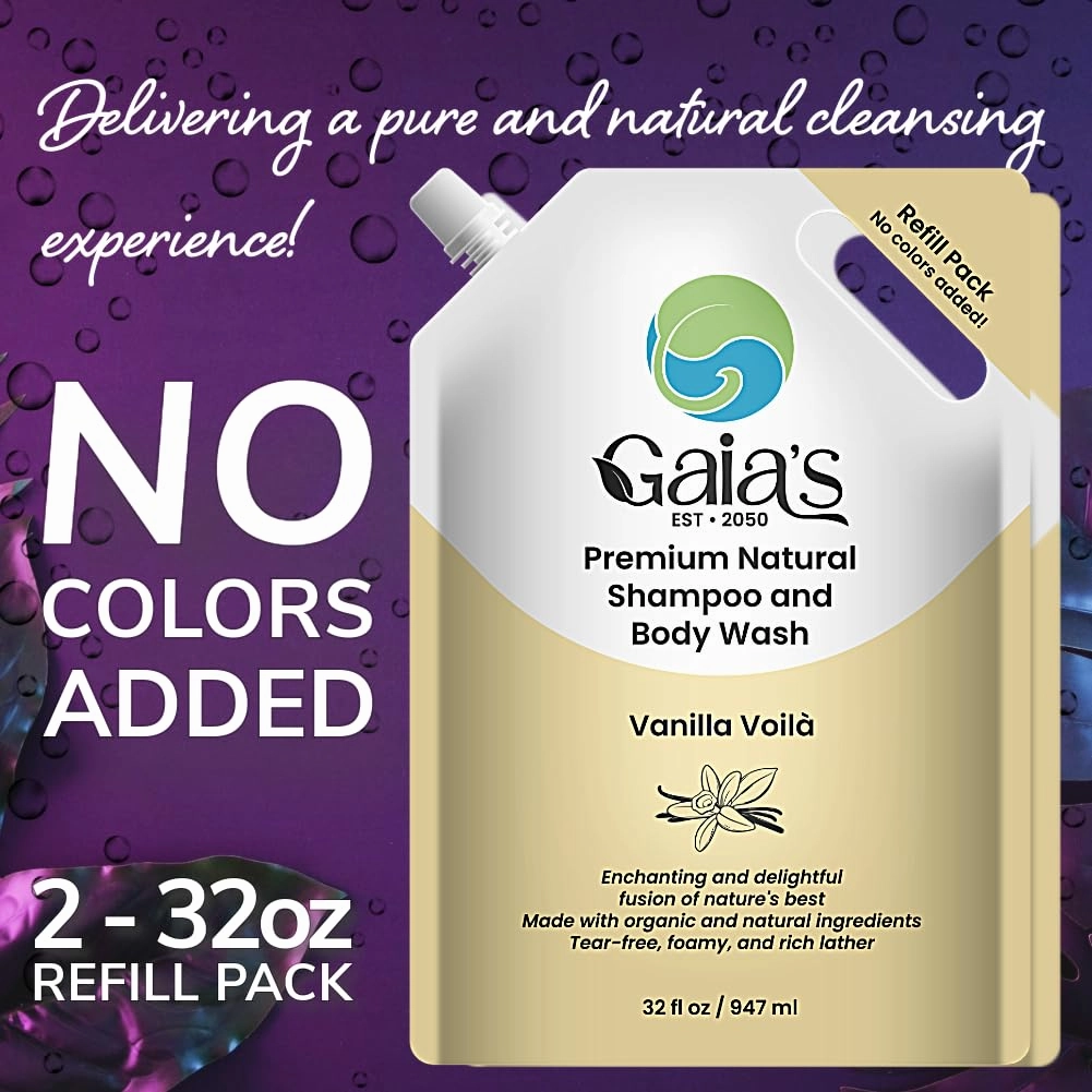 GAIA'S Natural Body Wash and Shampoo Vanilla, Bulk Refill Size, 64 Fl Oz, Sulfate Free, Paraben Free, Dye Free, Tear Free, Organic and Natural Ingredients, PH Balance Feminine