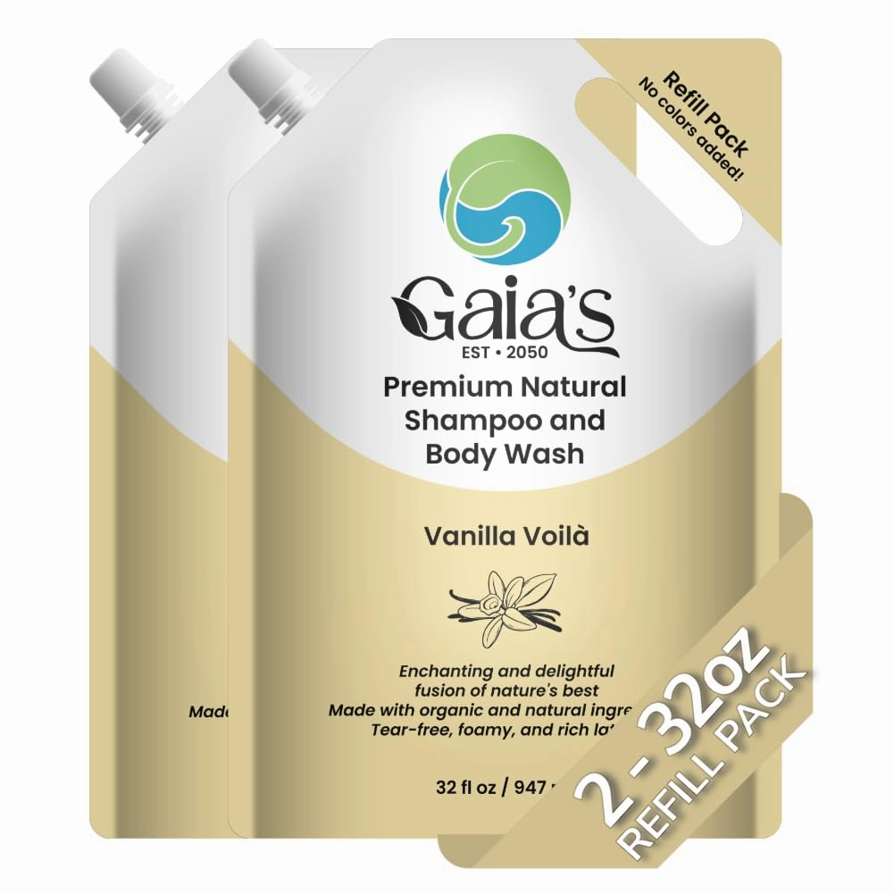 GAIA'S Natural Body Wash and Shampoo Vanilla, Bulk Refill Size, 64 Fl Oz, Sulfate Free, Paraben Free, Dye Free, Tear Free, Organic and Natural Ingredients, PH Balance Feminine