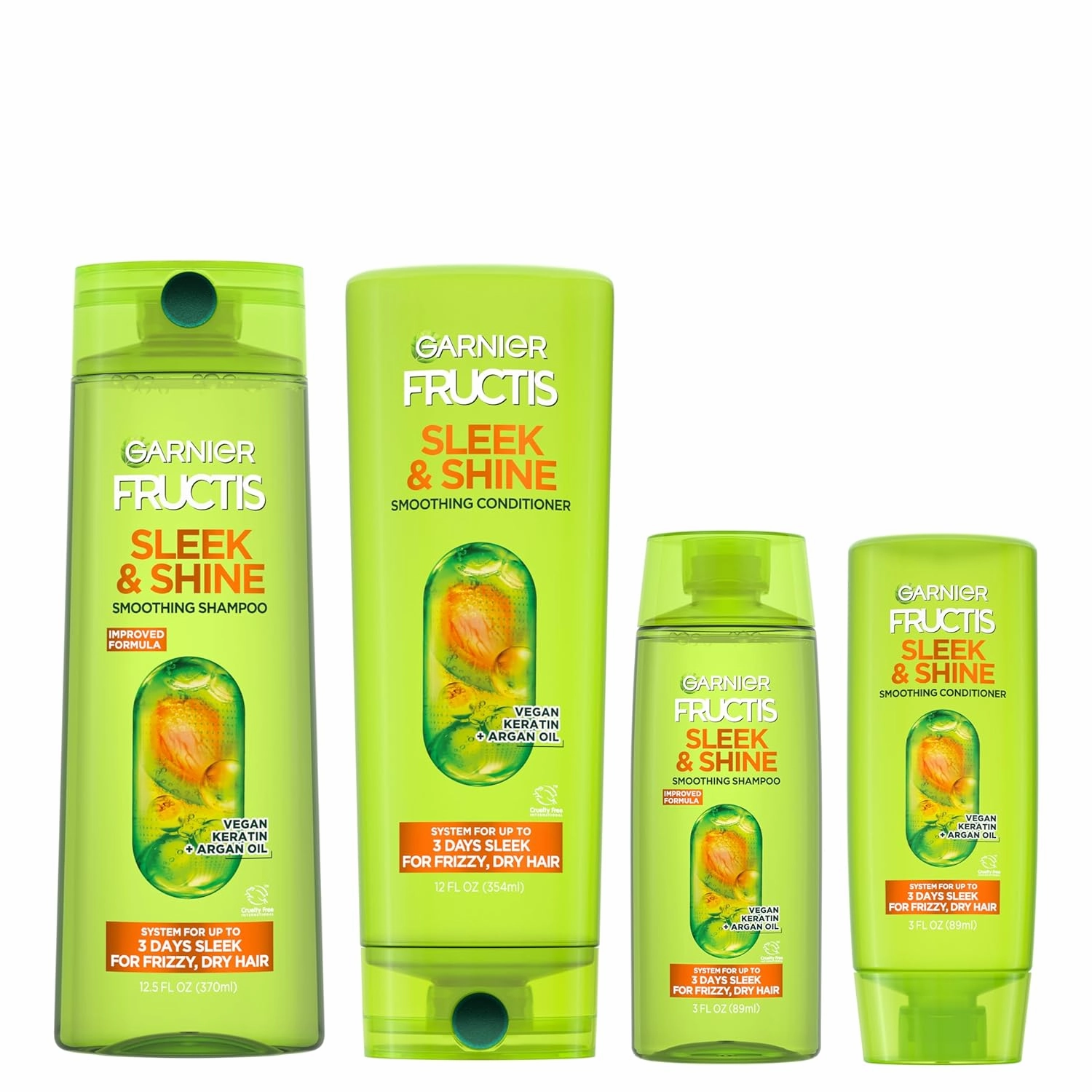Garnier Fructis Sleek & Shine Full   Travel Size Shampoo (12.5 & 3 Fl Oz)   Conditioner (12 & 3 Fl Oz) Set for Frizzy, Dry Hair, Plant Keratin   Argan Oil (4 Items), 1 Kit (Packaging May Vary)