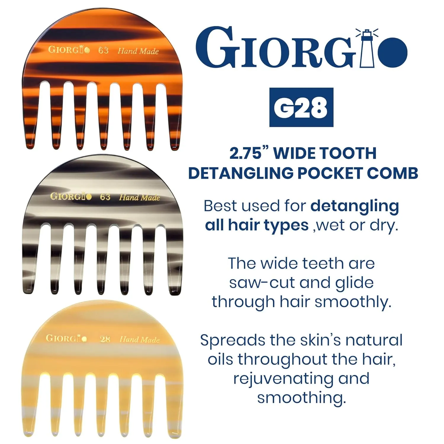 Giorgio G28 Detangling Comb, Pocket and Travel Hair Detangler for Thick Hair - Wide Tooth, Handmade, Saw-Cut, and Polished for Wet and Dry Everyday Care