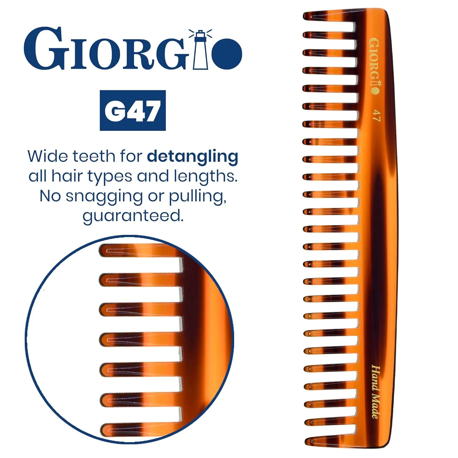 Giorgio G47 Hair Comb, Detangling wide tooth comb for Thick Curly Wavy Hair. Long Hair Detangler Comb For Wet and Dry Hair. Handmade, Extra Wide Tooth Comb Saw-Cut, Hand Polished, Tortoise Shell (6")
