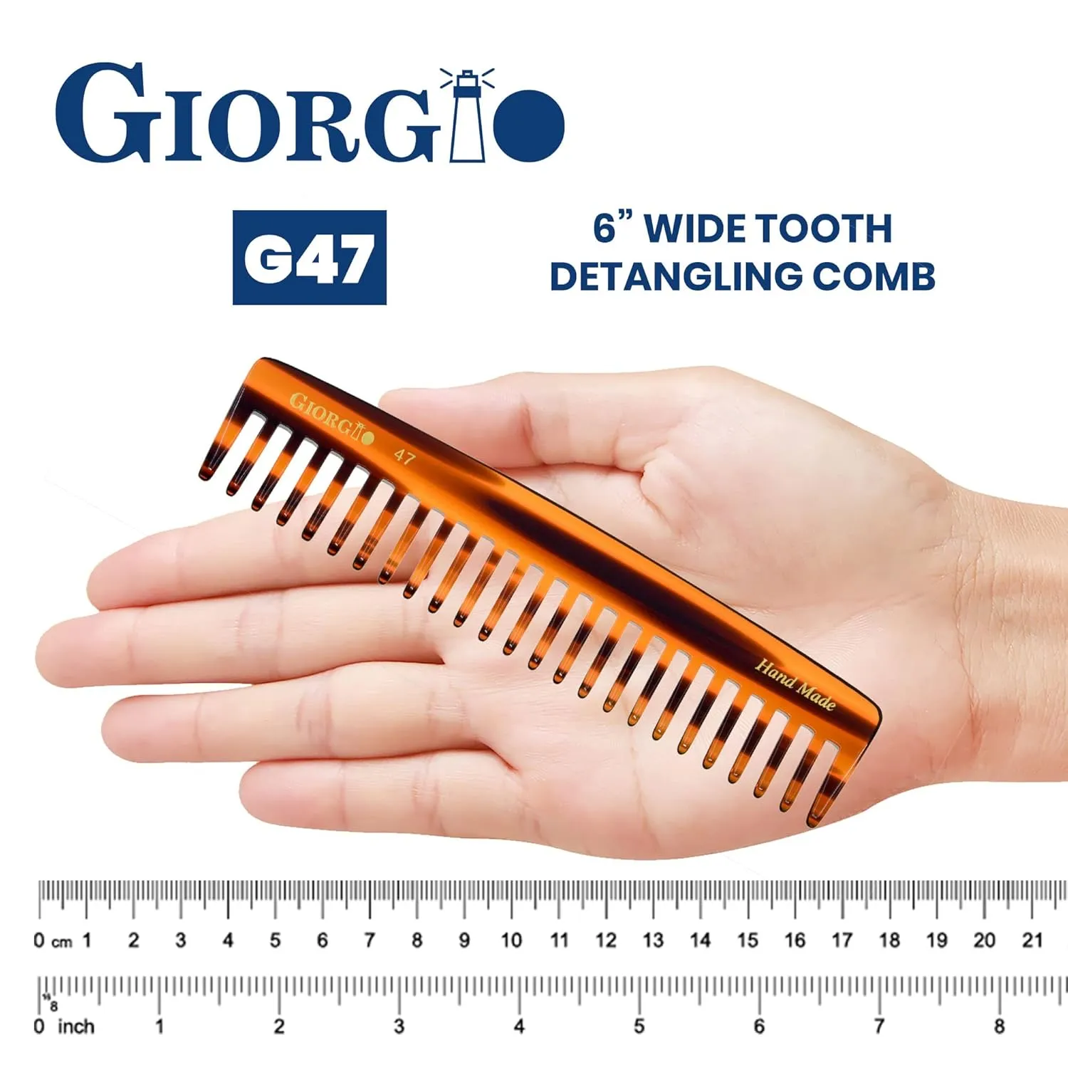 Giorgio G47 Hair Comb, Detangling wide tooth comb for Thick Curly Wavy Hair. Long Hair Detangler Comb For Wet and Dry Hair. Handmade, Extra Wide Tooth Comb Saw-Cut, Hand Polished, Tortoise Shell (6")