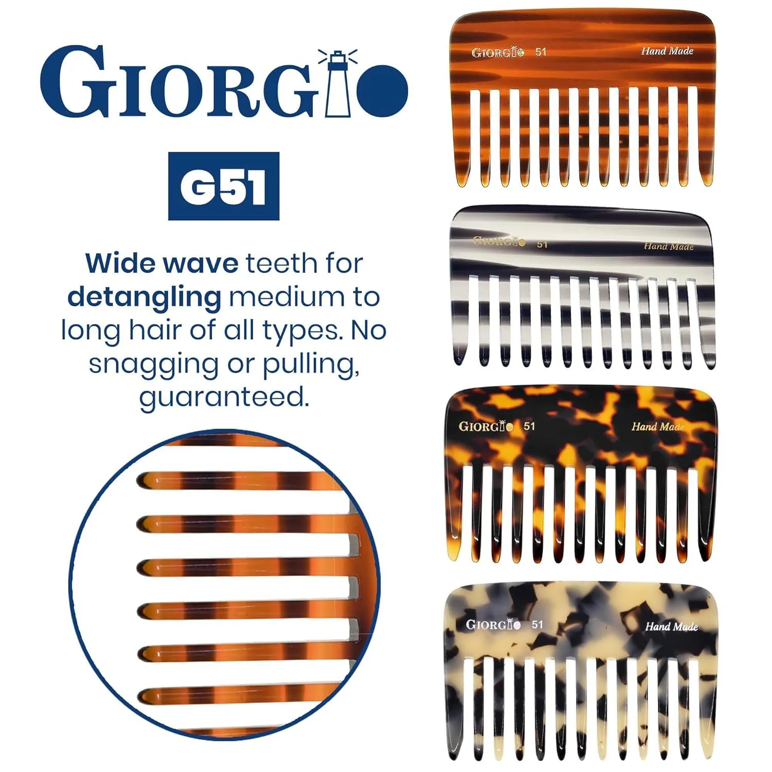 Giorgio G51 Graphite Small Travel Purse Hair Detangling Comb, Wide Teeth Pocket Comb for Thick Curly Wavy Hair. Hair Detangler Comb For Wet and Dry Everyday Care Handmade of Cellulose, Saw-Cut Hand Polished (2 Pack)