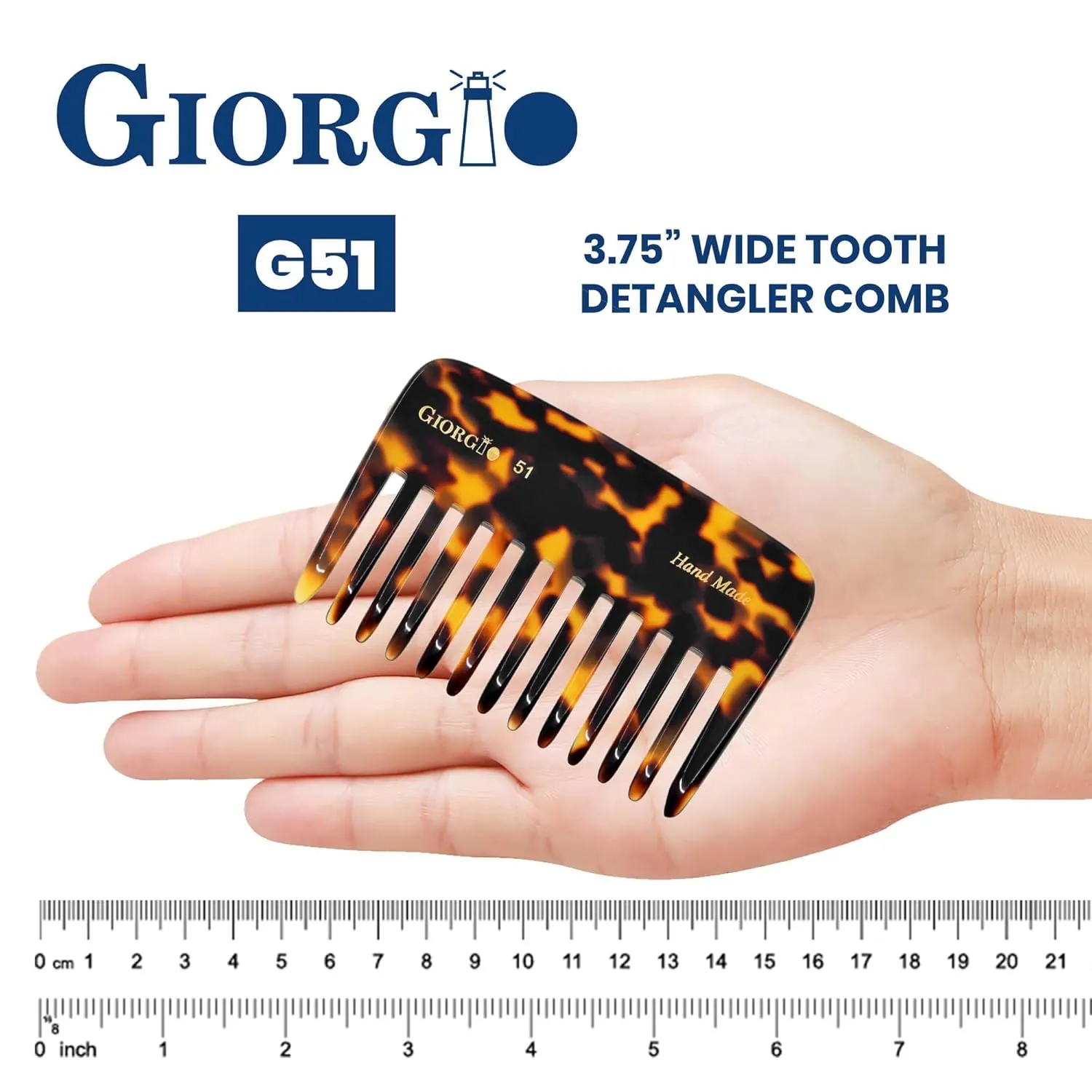 Giorgio G51TY Small Travel Purse Hair Detangling Comb, Wide Tooth Pocket Comb for Thick Curly Wavy Hair. Great for Wet and Dry Everyday Care, Handmade of Cellulose, Saw-Cut Hand Polished