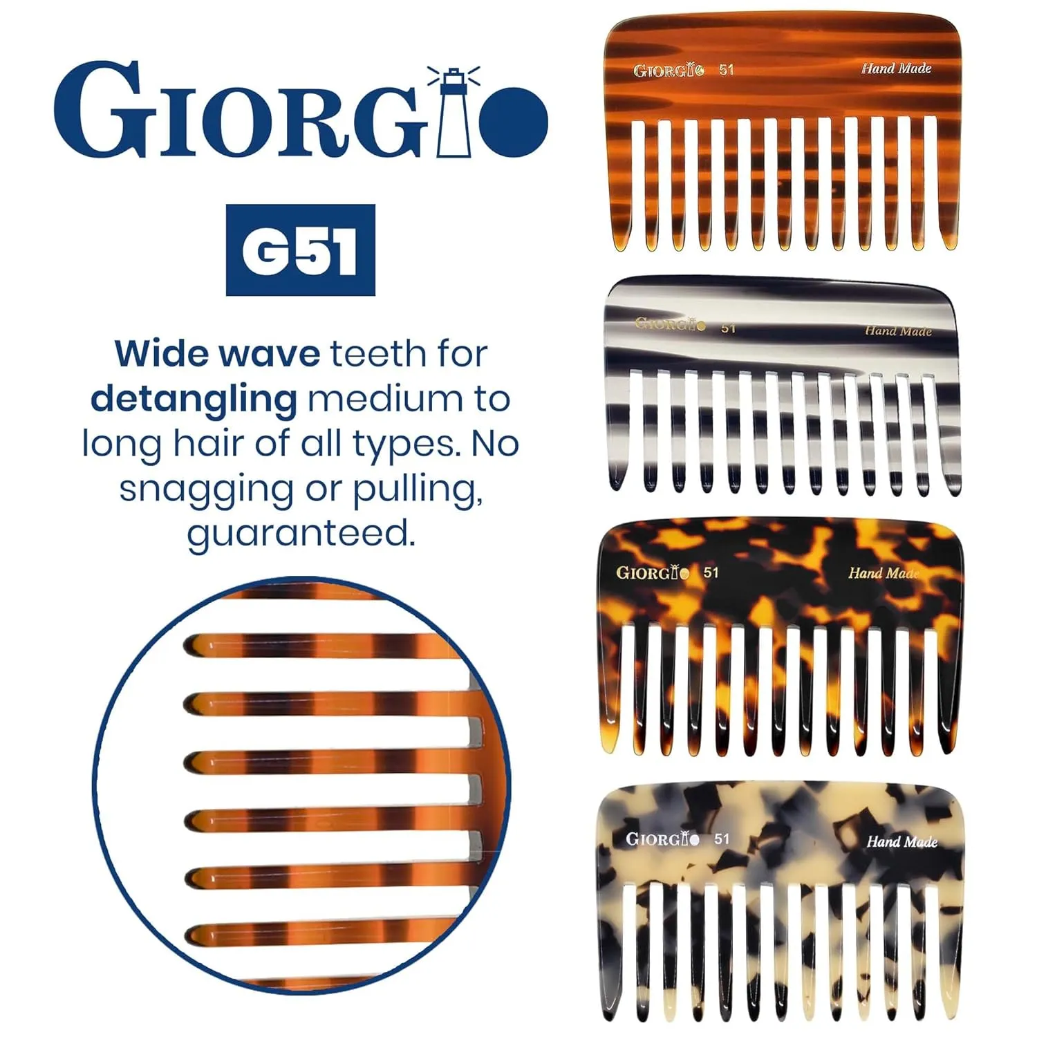 Giorgio G51TY Small Travel Purse Hair Detangling Comb, Wide Tooth Pocket Comb for Thick Curly Wavy Hair. Great for Wet and Dry Everyday Care, Handmade of Cellulose, Saw-Cut Hand Polished
