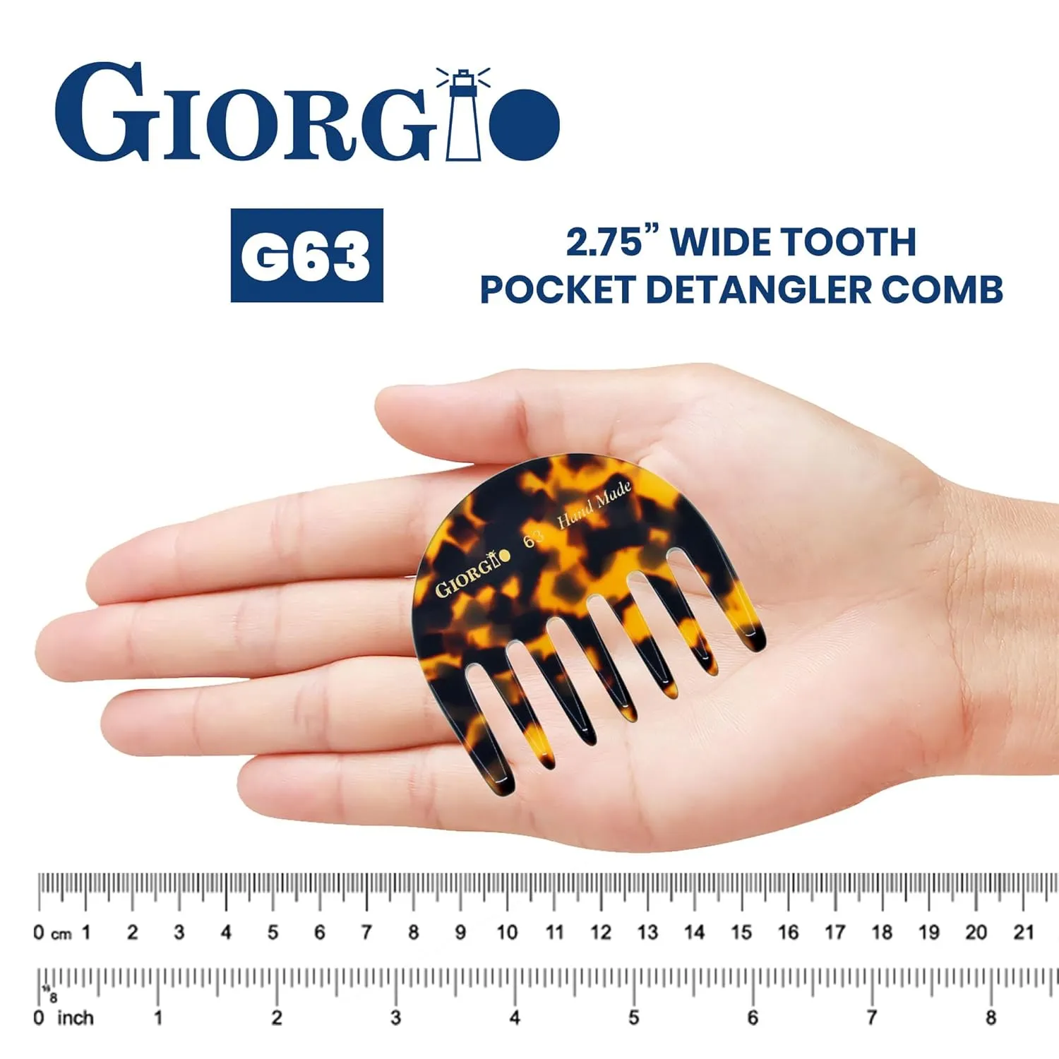 Giorgio G63 Wide Tooth Detangling Hair Comb, Pocket and Travel Comb for Thick Hair - Handmade, Saw-Cut, and Polished for Wet and Dry Everyday Care