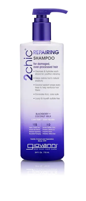 GIOVANNI 2chic Ultra-Repairing Shampoo - For Damaged, Over-Processed Hair, Helps Restore Hair's Natural Elasticity, Blackberry & Coconut Oil, Argan, Shea Butter, Color Safe - 24 oz