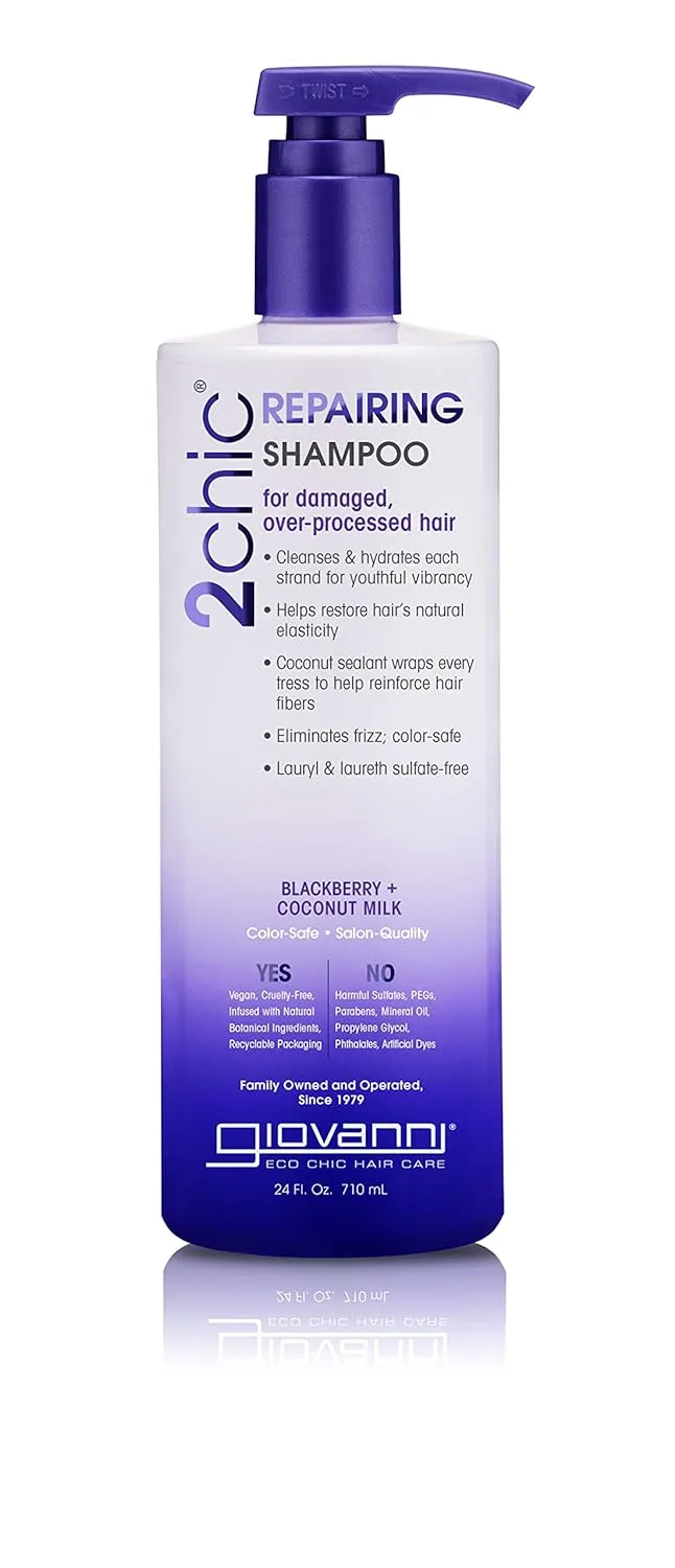 GIOVANNI 2chic Ultra-Repairing Shampoo - For Damaged, Over-Processed Hair, Helps Restore Hair's Natural Elasticity, Blackberry & Coconut Oil, Argan, Shea Butter, Color Safe - 24 oz