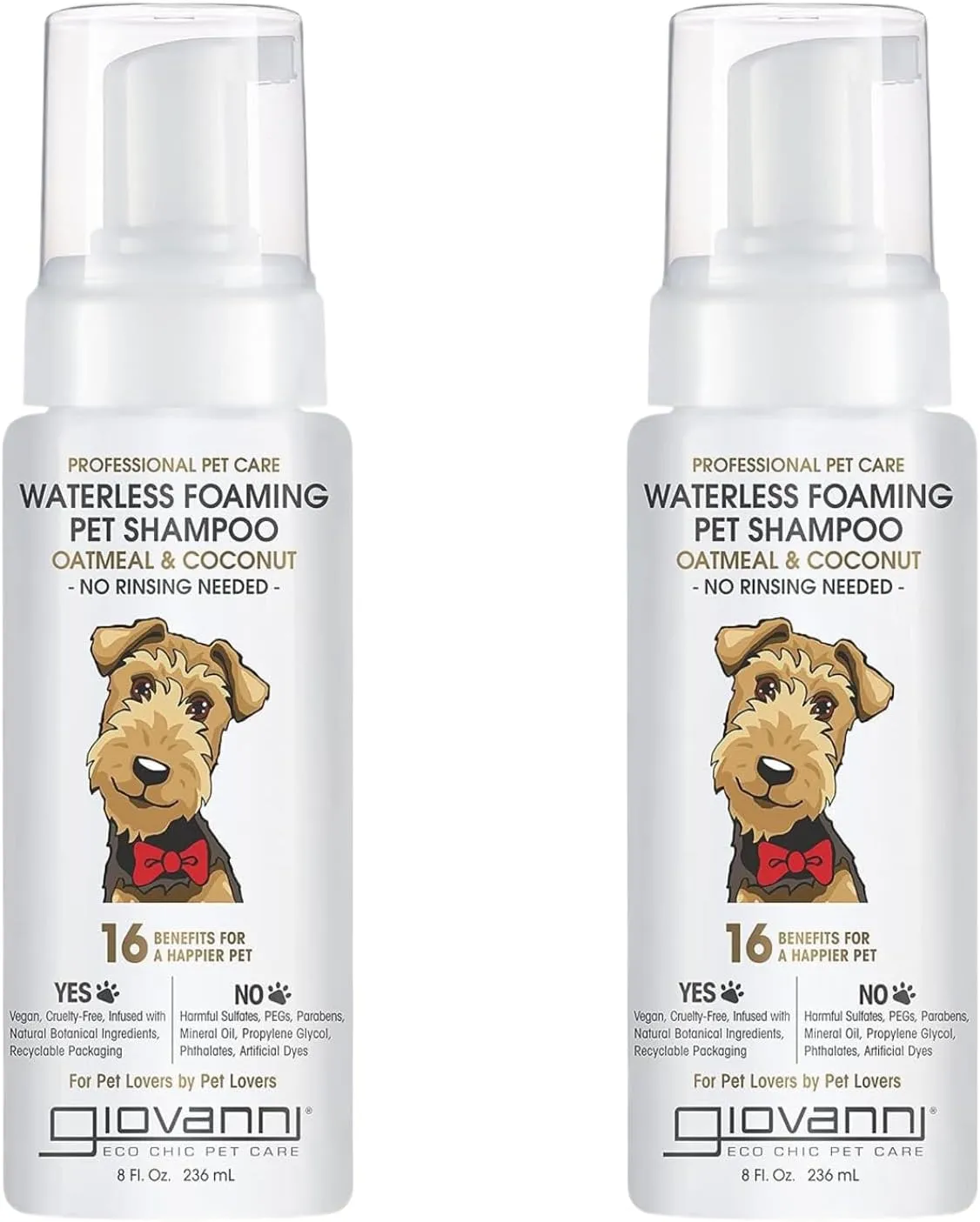 GIOVANNI Professional Foaming Waterless Pet Shampoo - Oatmeal & Coconut Helps Neutralize Odors, Cleanses, Silkens, Controls Static, Freshens Fur - 8 oz (Pack of 2)