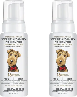 GIOVANNI Professional Foaming Waterless Pet Shampoo - Oatmeal & Coconut Helps Neutralize Odors, Cleanses, Silkens, Controls Static, Freshens Fur - 8 oz (Pack of 2)