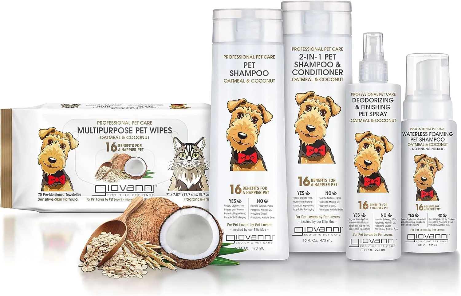 GIOVANNI Professional Pet Shampoo - Oatmeal & Coconut, Aloe Vera, for All Dog Fur Types, Deeply Cleanses, Silkens, Helps Neutralize Odors, Controls Static - 16 oz (Pack of 2)