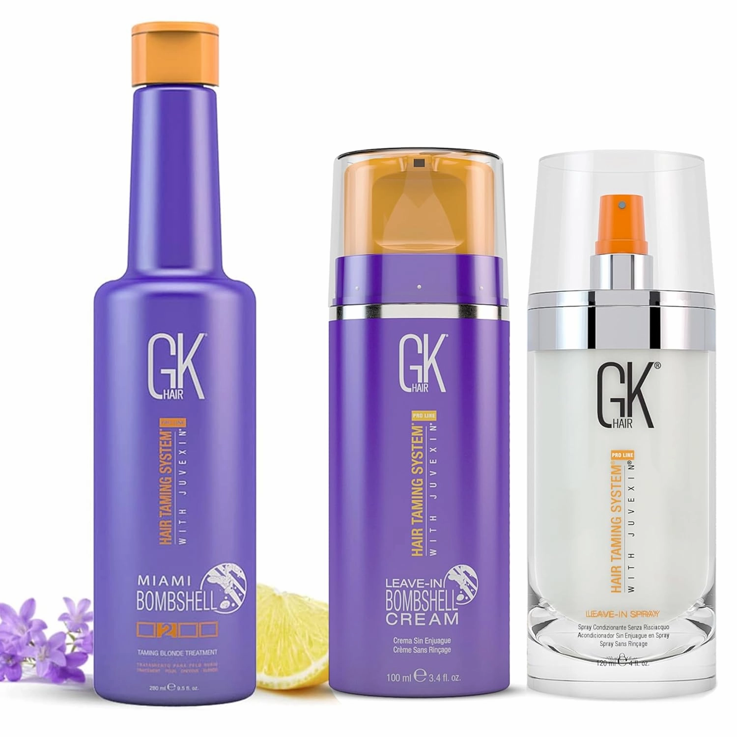 GK HAIR Global Keratin Silver Bombshell Shampoo (9 oz) and Leave-In Cream (3.4 oz) with Leave-In Spray (4 oz) - Blonde Hair Care Kit for Toning and Hydration