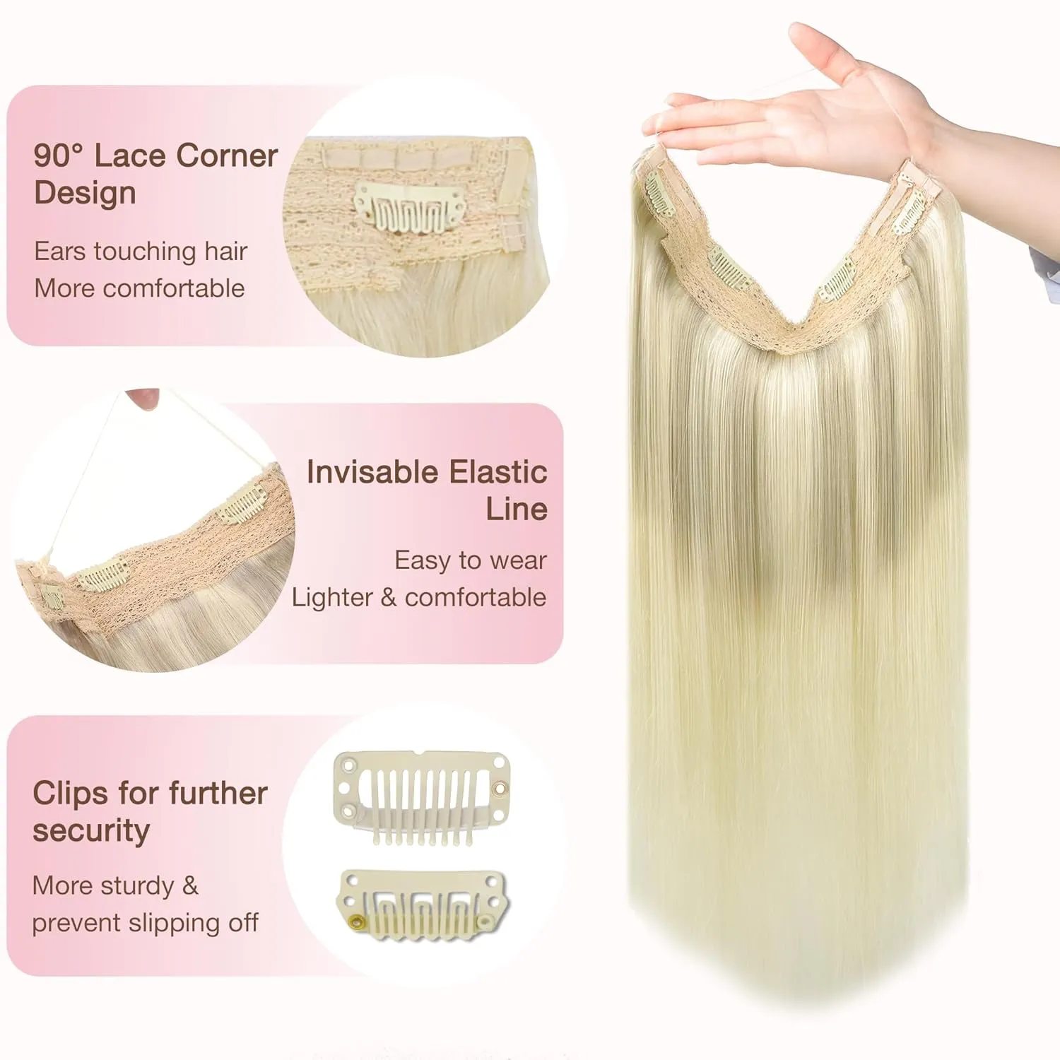 GOO GOO Wire Hair Extensions Human Hair, 17/22/60 Ash Blonde with Golden Blonde and Platinum Blonde Balayage 12inch 70g, Invisible Wire Hair Extensions with Transparent, Seamless Fish Line Hairpiece