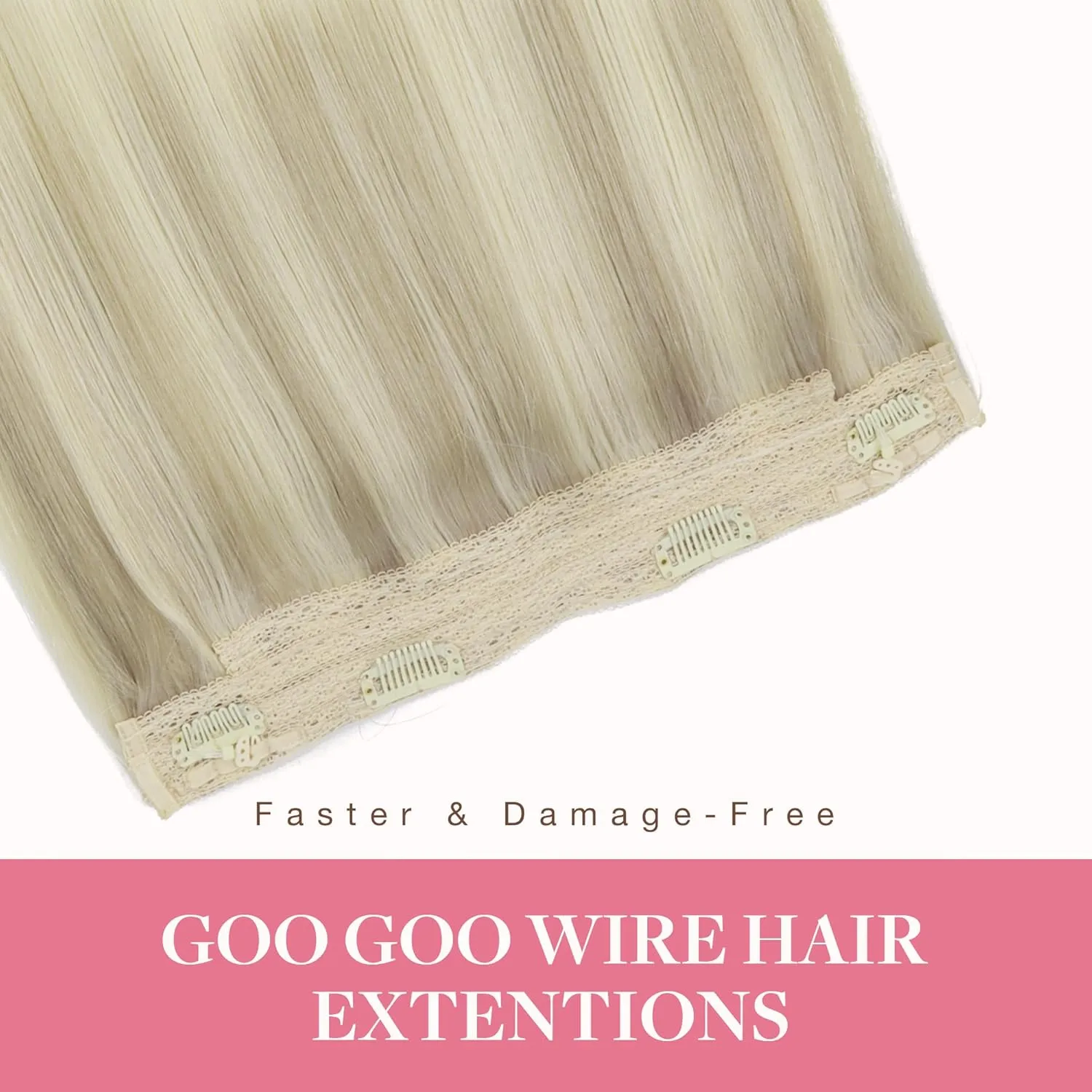 GOO GOO Wire Hair Extensions Human Hair, 17/22/60 Ash Blonde with Golden Blonde and Platinum Blonde Balayage 12inch 70g, Invisible Wire Hair Extensions with Transparent, Seamless Fish Line Hairpiece