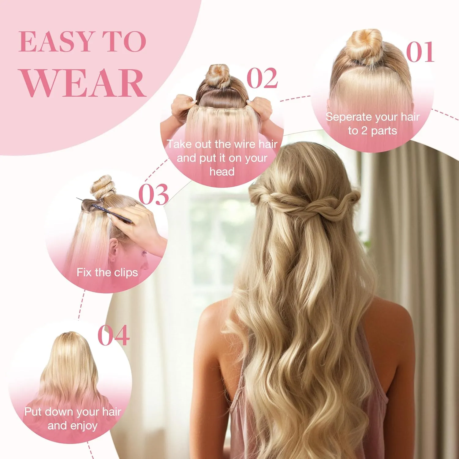 GOO GOO Wire Hair Extensions Human Hair, 17/22/60 Ash Blonde with Golden Blonde and Platinum Blonde Balayage 12inch 70g, Invisible Wire Hair Extensions with Transparent, Seamless Fish Line Hairpiece