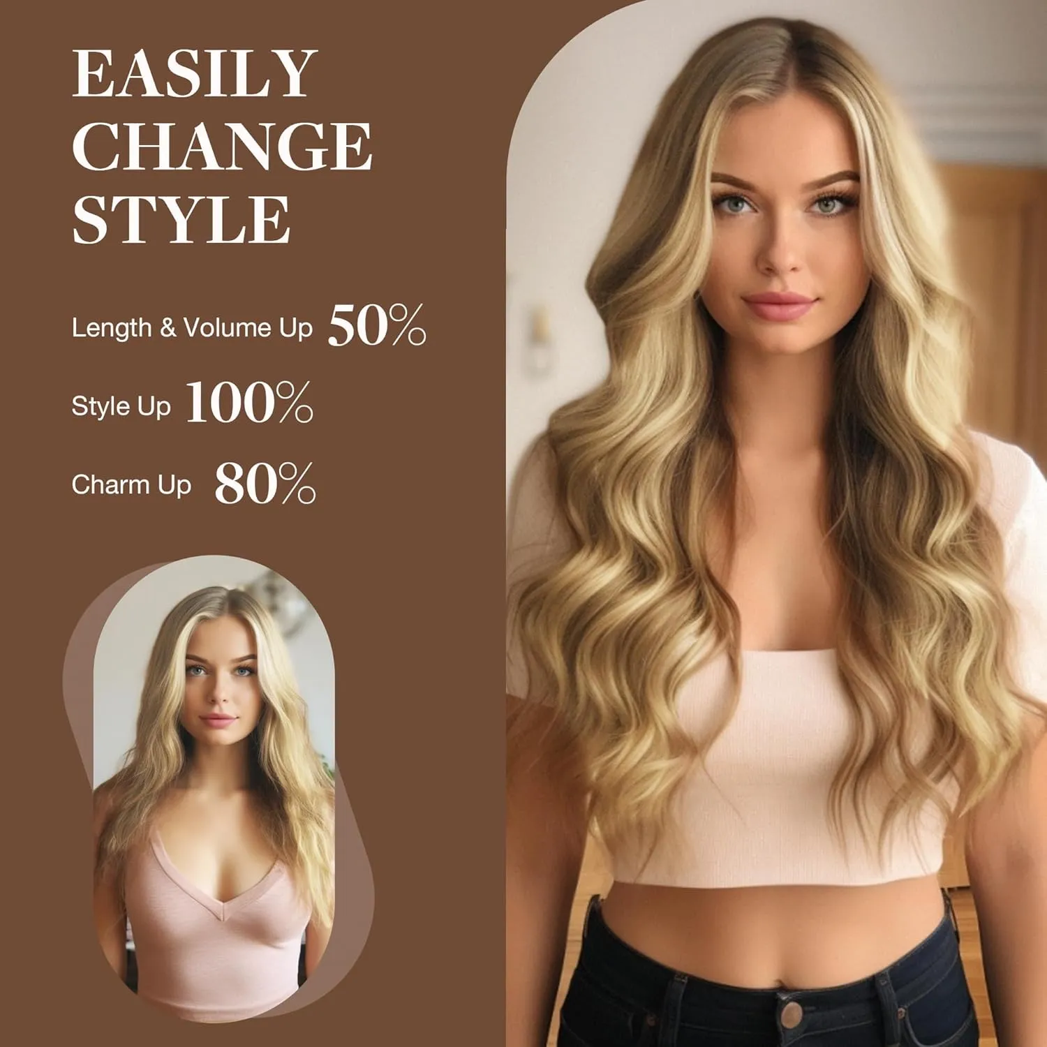 GOO GOO Wire Hair Extensions Human Hair, 17/22/60 Ash Blonde with Golden Blonde and Platinum Blonde Balayage 12inch 70g, Invisible Wire Hair Extensions with Transparent, Seamless Fish Line Hairpiece