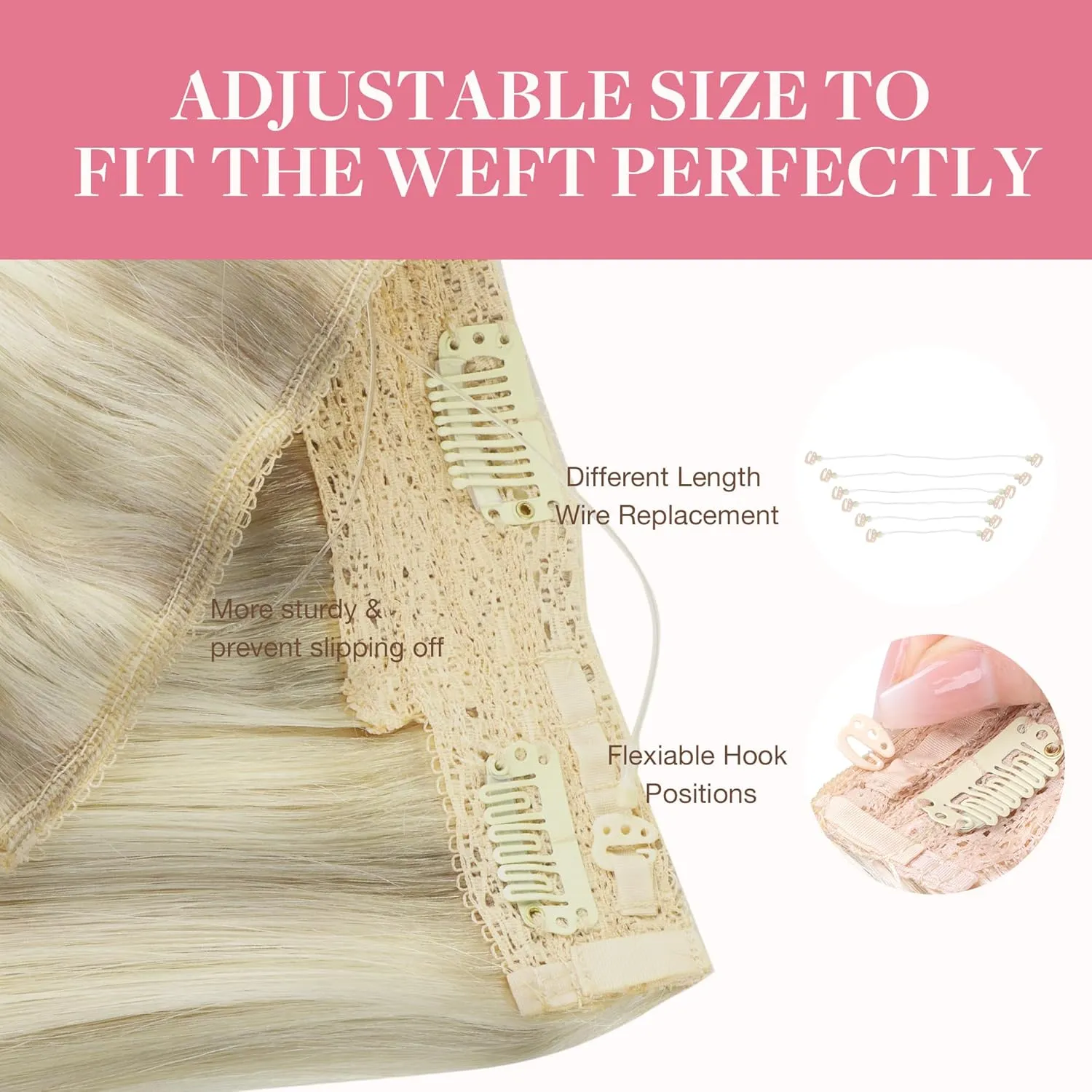 GOO GOO Wire Hair Extensions Human Hair, 17/22/60 Ash Blonde with Golden Blonde and Platinum Blonde Balayage 12inch 70g, Invisible Wire Hair Extensions with Transparent, Seamless Fish Line Hairpiece