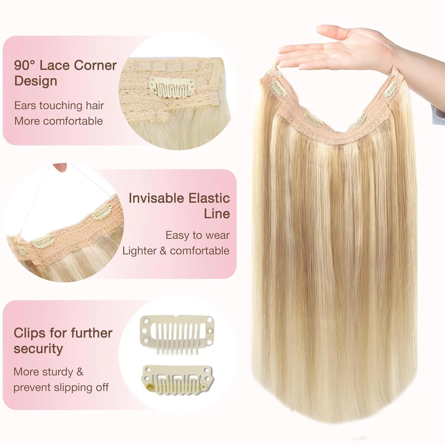 GOO GOO Wire Hair Extensions Human Hair, 18A/613A Dark Blonde mix Bleach Blonde Highlighted 16inch 95g, Invisible Wire Hair Extensions with Transparent, Seamless Fish Line Hairpiece