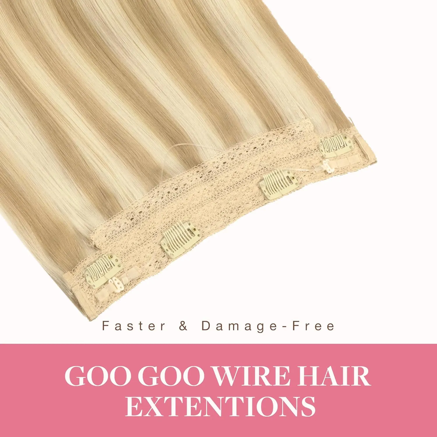 GOO GOO Wire Hair Extensions Human Hair, 18A/613A Dark Blonde mix Bleach Blonde Highlighted 16inch 95g, Invisible Wire Hair Extensions with Transparent, Seamless Fish Line Hairpiece