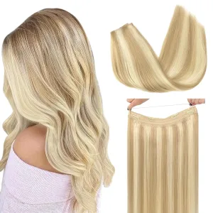 GOO GOO Wire Hair Extensions Human Hair, 18A/613A Dark Blonde mix Bleach Blonde Highlighted 16inch 95g, Invisible Wire Hair Extensions with Transparent, Seamless Fish Line Hairpiece