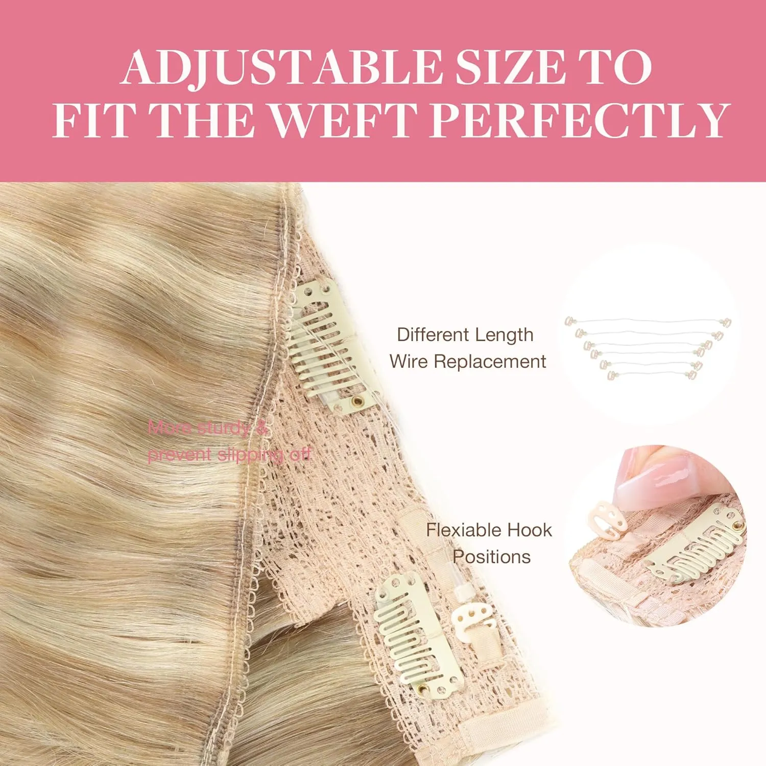 GOO GOO Wire Hair Extensions Human Hair, 18A/613A Dark Blonde mix Bleach Blonde Highlighted 16inch 95g, Invisible Wire Hair Extensions with Transparent, Seamless Fish Line Hairpiece