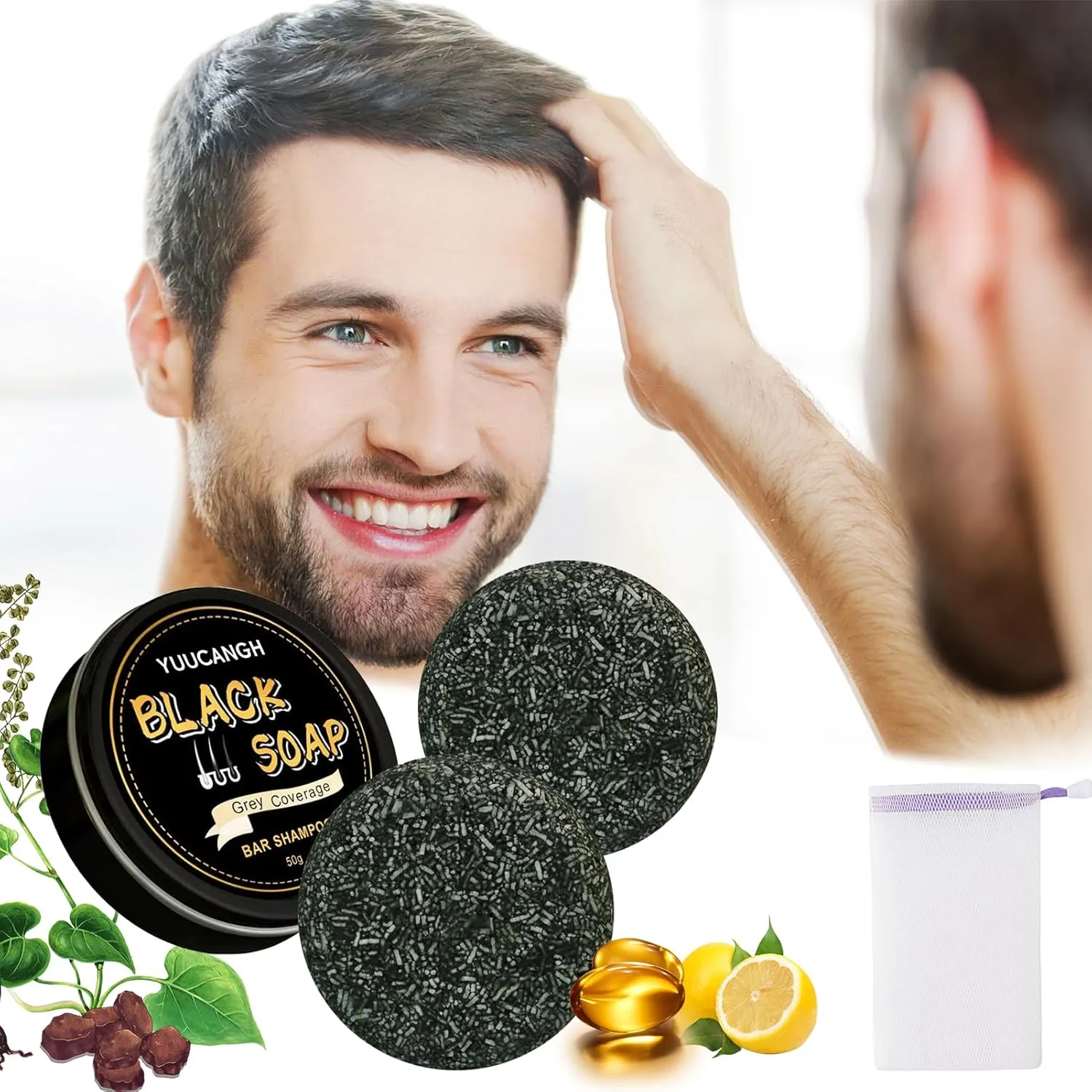 Gray Hair Reverse Bar, Black Soap for Gray Beard, Mane Grey Reverse Soap for Men Women, Natural Darkening Bar Shampoo for Hair Hydrating & Moisturizing, 1.94 Oz/Pcs, 2 Pack