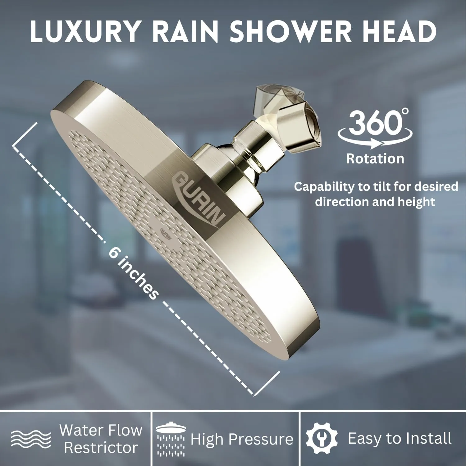 GURIN Shower Head High Pressure Rain, Luxury Bathroom Showerhead with Brushed Nickel Plated Finish, Adjustable Angles, Anti-Clogging Silicone Nozzles
