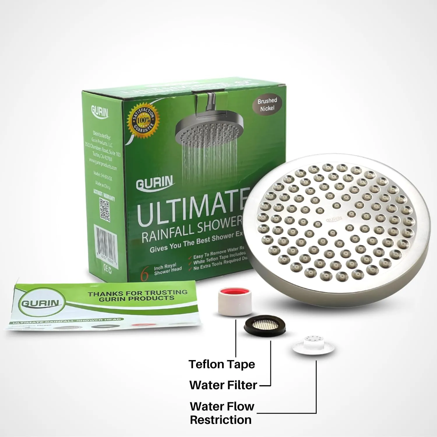 GURIN Shower Head High Pressure Rain, Luxury Bathroom Showerhead with Brushed Nickel Plated Finish, Adjustable Angles, Anti-Clogging Silicone Nozzles