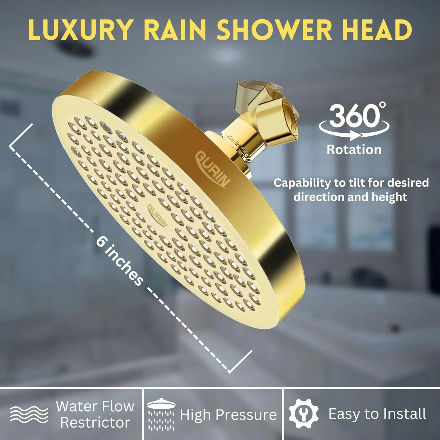 GURIN Shower Head High Pressure Rain, Luxury Bathroom Showerhead with Gold Plated Finish, Adjustable Angles, Anti-Clogging Silicone Nozzles